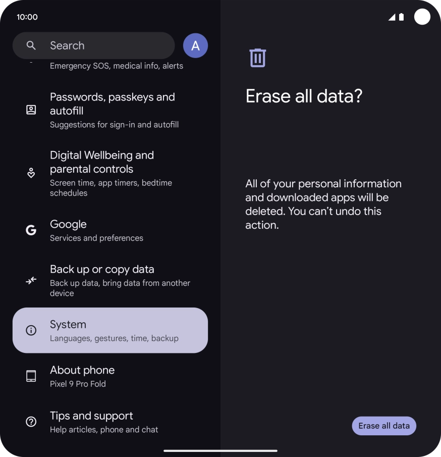 Press Erase all data. Wait a moment while the factory default settings are restored. Follow the instructions on the screen to set up your phone and prepare it for use.
