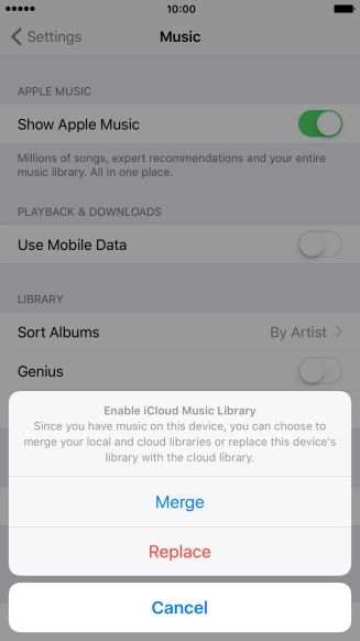 Press Merge to merge the music library on your phone with the iCloud Music Library.
