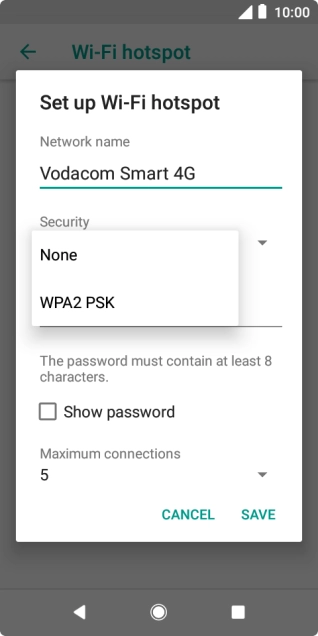 Press WPA2 PSK to password protect your Wi-Fi hotspot.