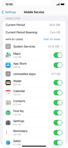 The data usage for each application is displayed below the name of the application.