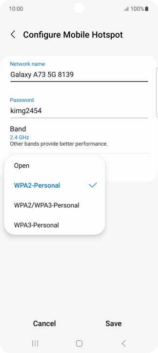 Press WPA3-Personal to password protect your Wi-Fi hotspot.