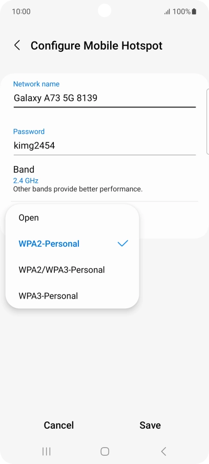 Press WPA3-Personal to password protect your Wi-Fi hotspot.