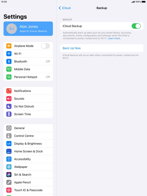 Press Back Up Now and wait while the tablet memory is backed up.