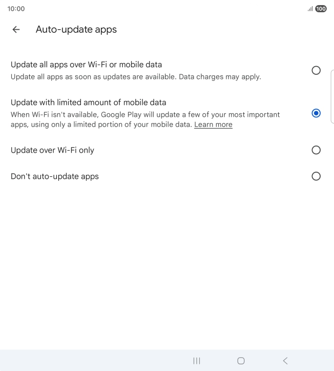 To turn on automatic update of apps using mobile network, press Update all apps over Wi-Fi or mobile data.