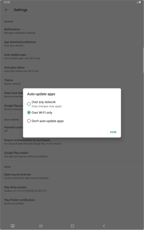 To turn on automatic update of apps using mobile network, press Over any network.