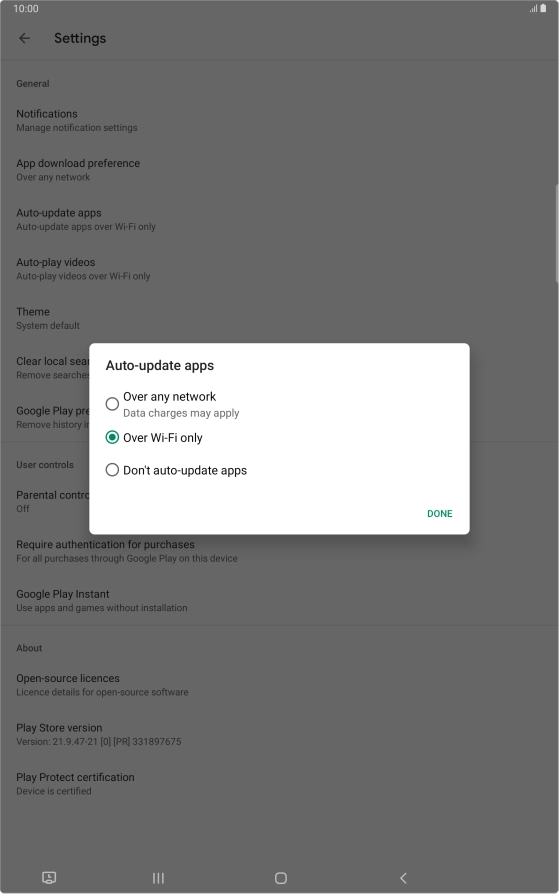 To turn on automatic update of apps using mobile network, press Over any network.