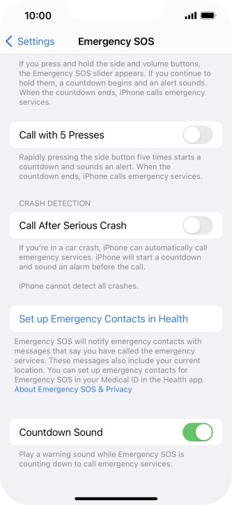 Press Set up Emergency Contacts in Health and follow the instructions on the screen to key in your emergency info and emergency contacts.