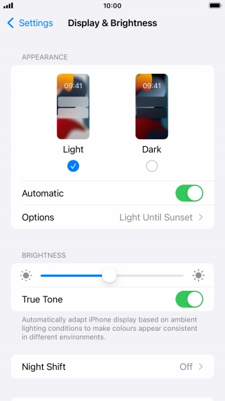 If you turn on the function, press Options and follow the instructions on the screen to select the required period of time for Dark Mode.