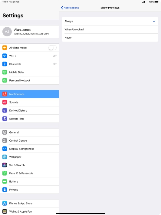 To select notification preview on the lock screen, press Always.
