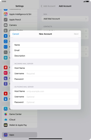 Press Username and key in the username for your email account.