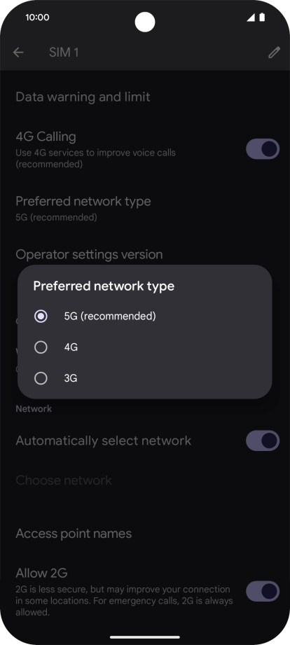 Press the required network mode.