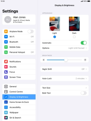 If you turn on the function, press Options and follow the instructions on the screen to select the required period of time for Dark Mode.