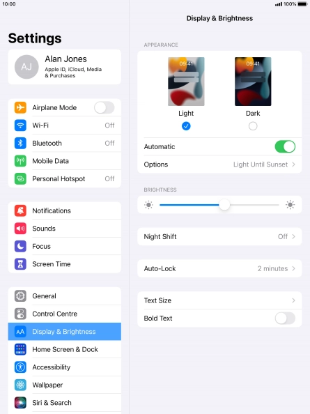 If you turn on the function, press Options and follow the instructions on the screen to select the required period of time for Dark Mode.