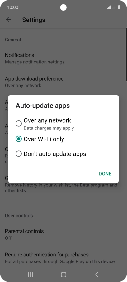 To turn on automatic update of apps using mobile network, press Over any network.
