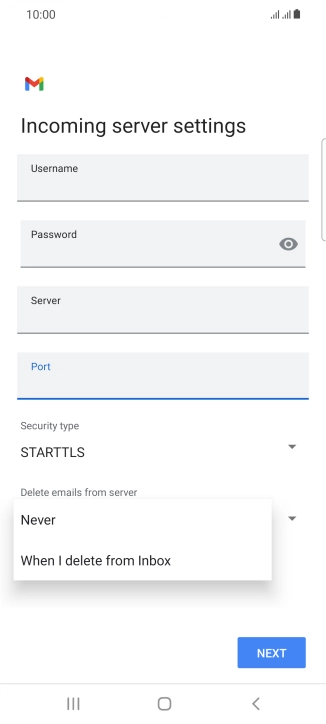 Press Never to keep email messages on the server when you delete them on your phone.