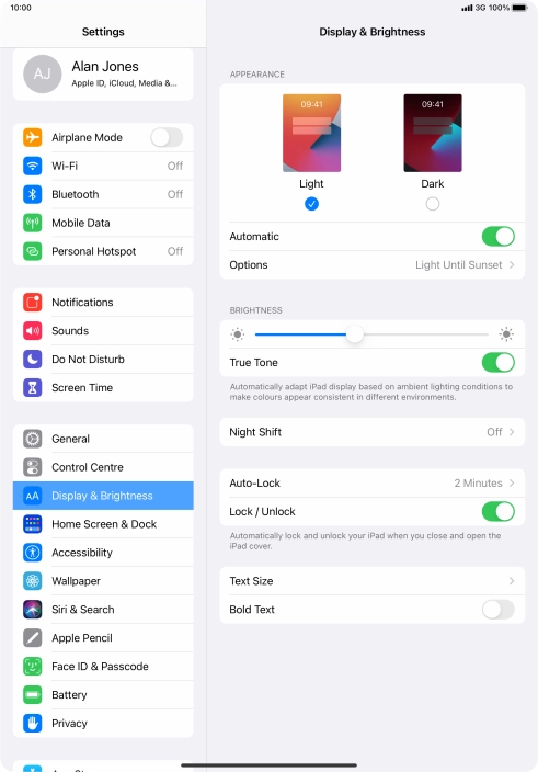 If you turn on the function, press Options and follow the instructions on the screen to select the required period of time for Dark Mode.