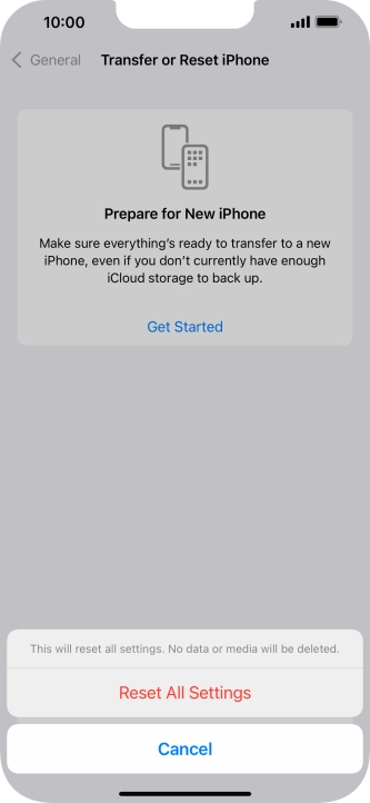 Press Reset All Settings. Wait a moment while the factory default settings are restored. Follow the instructions on the screen to set up your phone and prepare it for use.