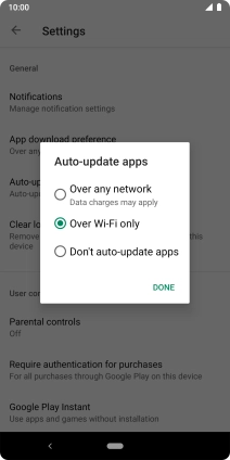 To turn on automatic update of apps using mobile network, press Over any network.