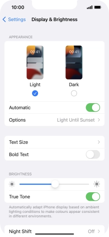 If you turn on the function, press Options and follow the instructions on the screen to select the required period of time for Dark Mode.