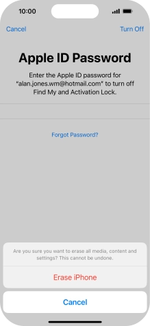 Key in the password for your Apple ID and press Erase iPhone. Wait a moment while the factory default settings are restored. Follow the instructions on the screen to set up your phone and prepare it for use.