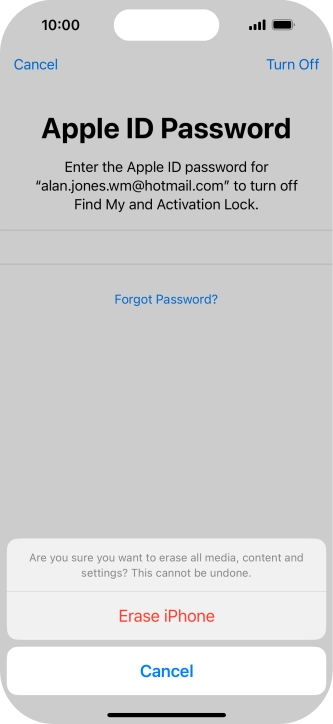 Key in the password for your Apple ID and press Erase iPhone. Wait a moment while the factory default settings are restored. Follow the instructions on the screen to set up your phone and prepare it for use.