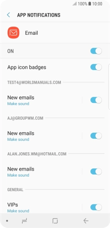Press the indicator below the required email account to turn the function on or off.