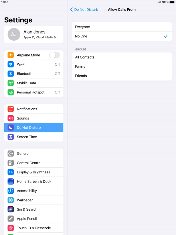 Press the required setting to select which contacts can call you even though Do Not Disturb is turned on.