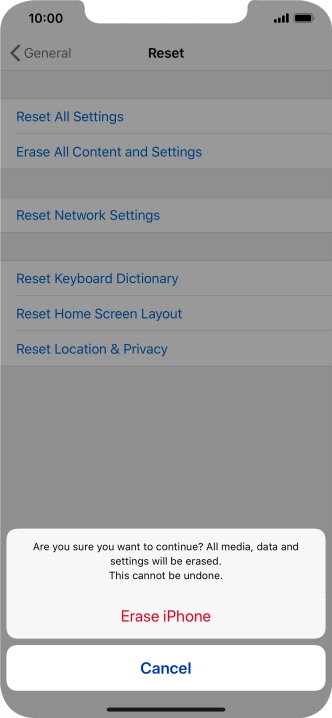 Press Erase iPhone. Wait a moment while the factory default settings are restored. Follow the instructions on the screen to set up your phone and prepare it for use.