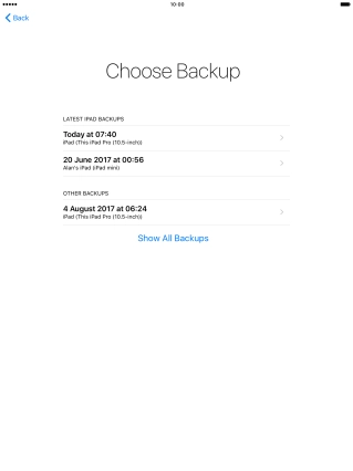 Press the required backup and your tablet restores the contents of the selected backup. Follow the instructions on the screen to complete the activation.