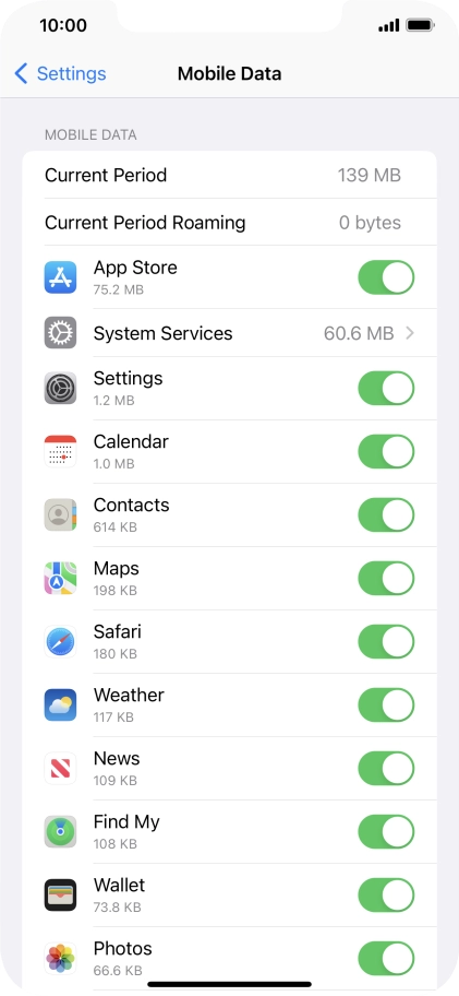 The data usage for each application is displayed below the name of the application.