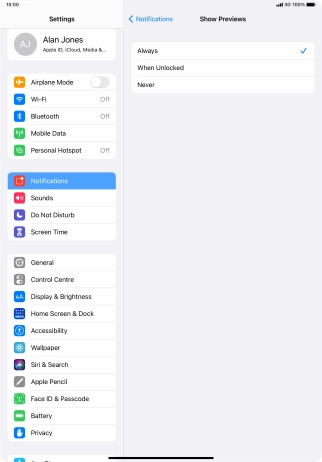 To select notification preview on the lock screen, press Always.