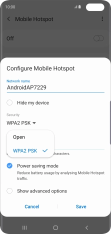 Press WPA2 PSK to password protect your Wi-Fi hotspot. Press WPA2 PSK to password protect your Wi-Fi hotspot.