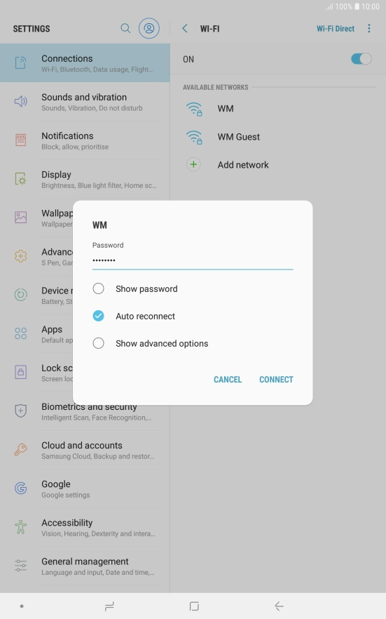 Key in the password for the Wi-Fi network and press CONNECT.