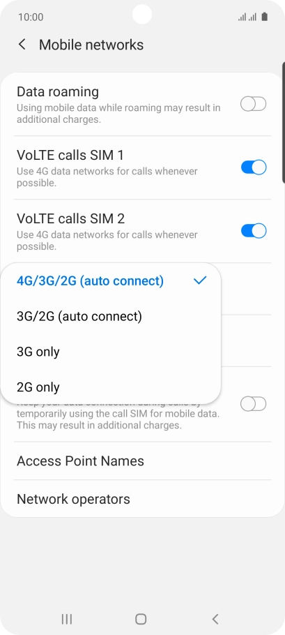 Press the required network mode.