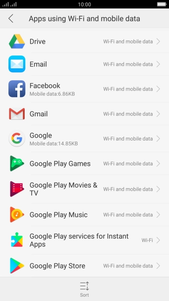 The data usage for each application is displayed below the name of the application.