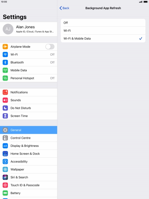 To turn off background refresh of apps, press Off. To turn off background refresh of apps, press Off.