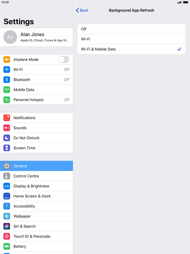 To turn off background refresh of apps, press Off. To turn off background refresh of apps, press Off.