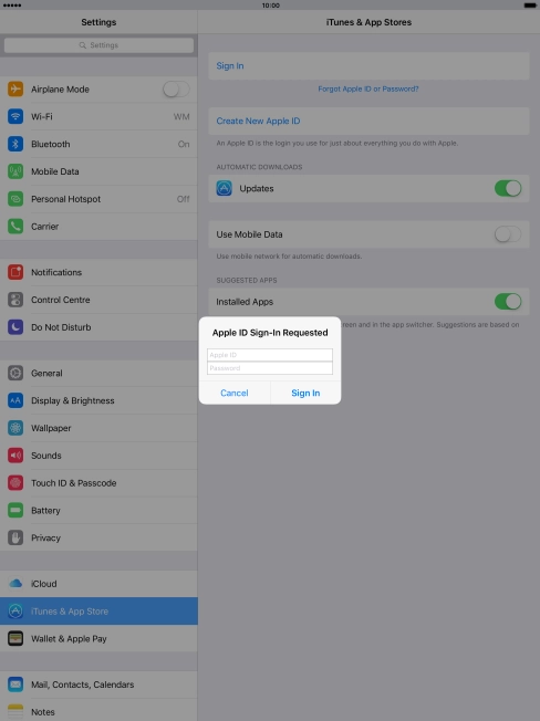 Press Apple ID and key in the username for your Apple ID. Press Apple ID and key in the username for your Apple ID.