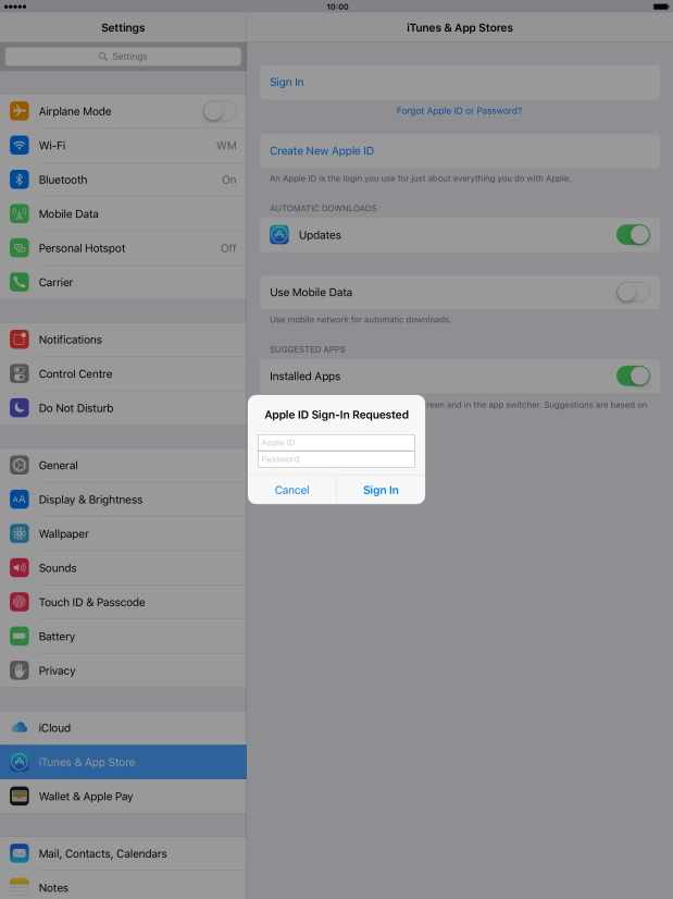 Press Apple ID and key in the username for your Apple ID. Press Apple ID and key in the username for your Apple ID.