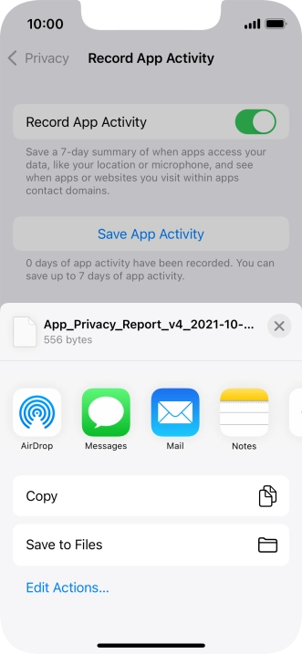 Press the required setting and follow the instructions on the screen to share or save the app activity report.