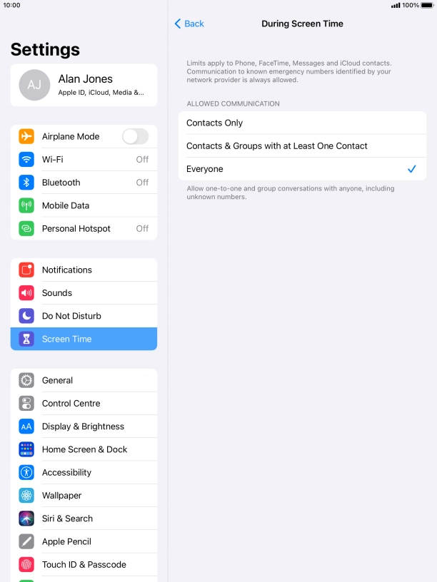 Press the required setting.