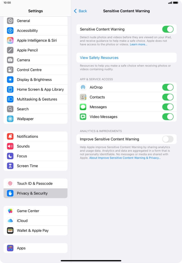 Press the indicators next to the required applications to turn the function on or off.