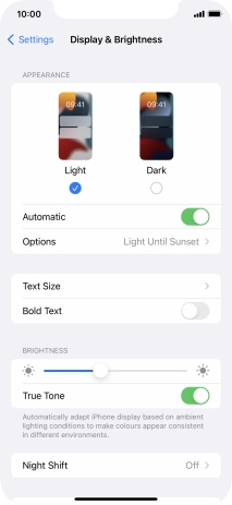 If you turn on the function, press Options and follow the instructions on the screen to select the required period of time for Dark Mode.