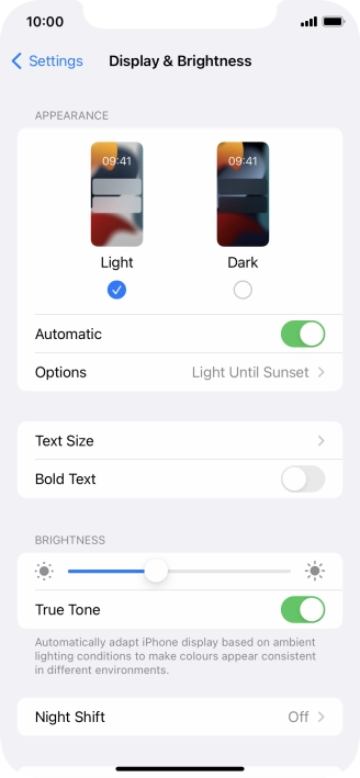 If you turn on the function, press Options and follow the instructions on the screen to select the required period of time for Dark Mode.