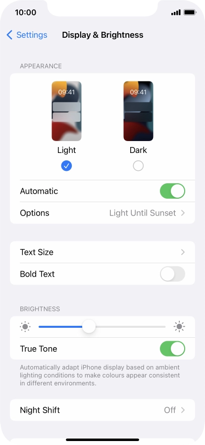 If you turn on the function, press Options and follow the instructions on the screen to select the required period of time for Dark Mode.