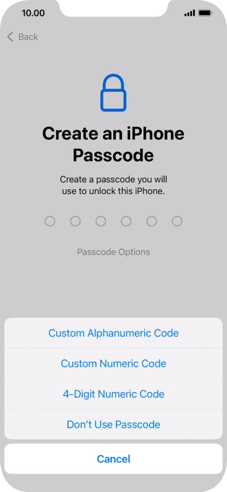 Follow the instructions on the screen to turn on use of phone lock code or press Don't Use Passcode.