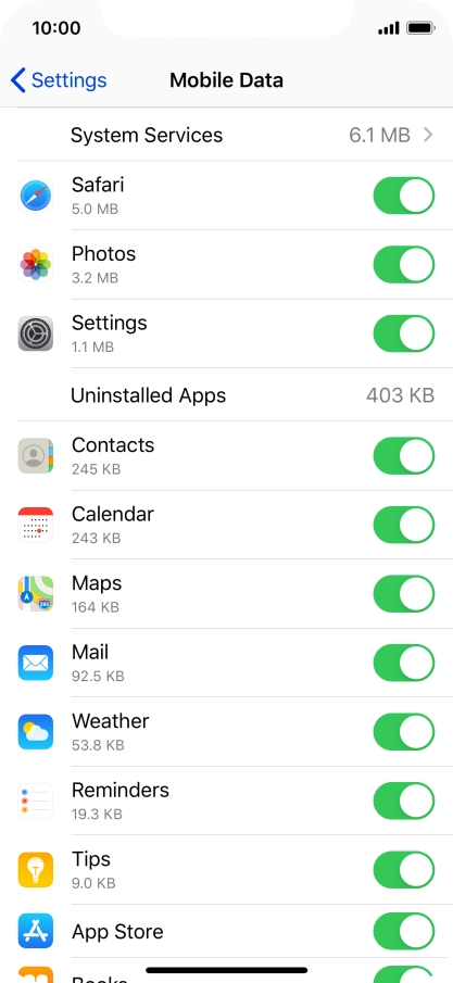 The data usage for each application is displayed below the name of the application.
