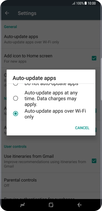 Press Auto-update apps over Wi-Fi only to turn on the function.