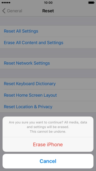 Press Erase iPhone. Wait a moment while the factory default settings are restored. 
Follow the instructions on the screen to set up your phone and prepare it for use.