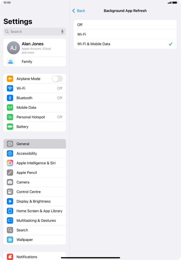 To turn off background refresh of apps, press Off. To turn off background refresh of apps, press Off.